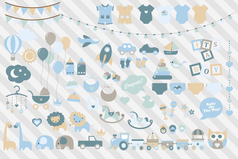 May include: A collection of blue and beige baby shower clipart featuring a variety of baby-related items, including a hot air balloon, a rocket, a train, a rocking horse, a lion, an elephant, a giraffe, a crown, a rattle, a pacifier, a diaper, a bib, a bottle, a hat, a pair of socks, a car, a plane, a sailboat, a bird, a star, a heart, a cloud, a sun, a moon, a banner, and the words "It's a Boy" and "Baby On The Way!"
