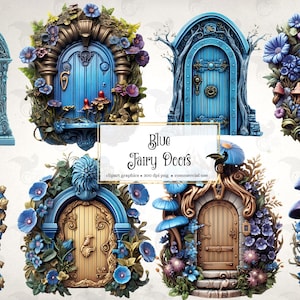 Blue Fairy Doors Clipart - gráficos de clip art de fantasia de fada para arte alterada ou diários indesejados, download instantâneo para uso comercial