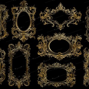 May include: Set of ten ornate gold-colored frames with intricate designs. The frames are perfect for adding a touch of elegance to any project.