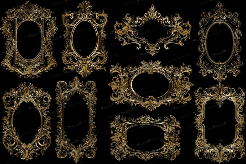 May include: Set of ten ornate gold-colored frames with intricate designs. The frames are perfect for adding a touch of elegance to any project.