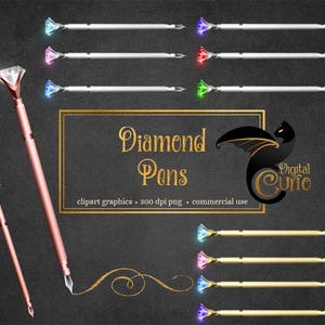 May include: A set of digital pen clipart graphics featuring diamond-shaped tips in various colors, including blue, green, red, pink, and gold. The pens are on a black background with a gold border and the text "Diamond Pens" in gold lettering. The text "clipart graphics - 300 dpi png - commercial use" is also included.