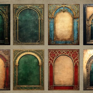 May include: Eight ornate frames with arched tops and intricate gold detailing. Each frame has a different background color, including green, blue, and red.