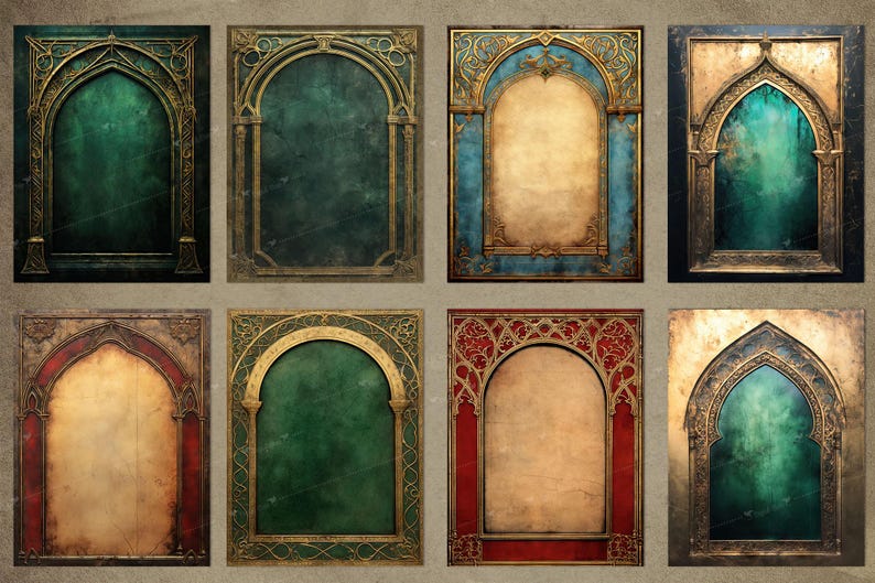 May include: Eight ornate frames with arched tops and intricate gold detailing. Each frame has a different background color, including green, blue, and red.