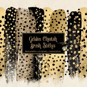 Golden Cheetah Brush Strokes Clipart, with gold glitter and gold foil watercolor elements digital instant download for commercial use