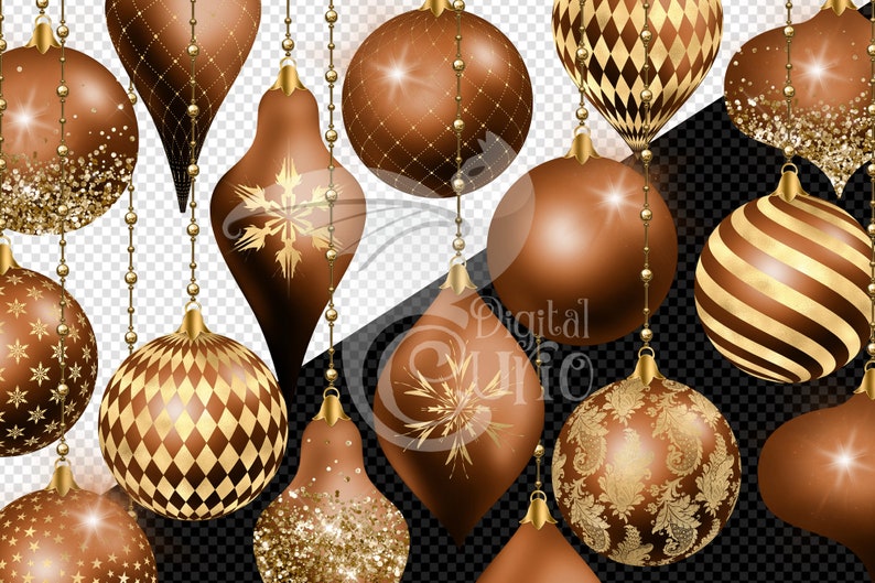 Bronze and Gold Christmas Ornaments Clipart digital glitter Christmas ball ornament clip art in png format for commercial use
