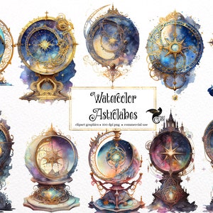 Puede incluir: Diez ilustraciones de acuarela de astrolabios ornamentados con diseños celestiales. Cada astrolabio presenta un marco dorado, una esfera celeste azul y blanca y detalles intrincados. Las ilustraciones son perfectas para agregar un toque de magia y maravilla a cualquier proyecto.