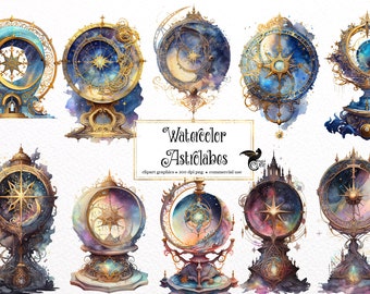Watercolor Astrolabe Clipart - fantasy magic celestial watercolor PNG format instant download for commercial use