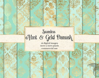 Mint and Gold Damask Digital Paper, seamless damask patterns printable scrapbook paper commercial use