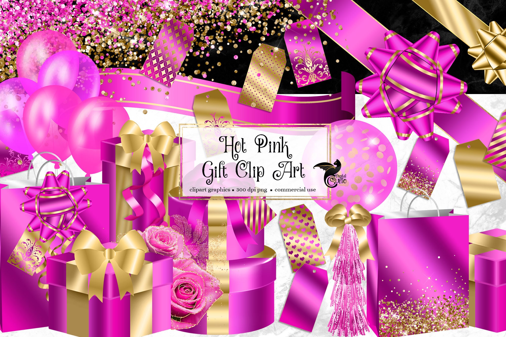 Hot Pink and Gold Gift Clipart Glam Birthday or Christmas - Etsy