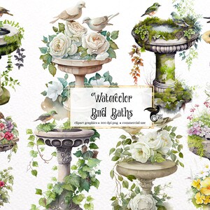 Watercolor Birdbaths Clipart - springtime cute garden bird bath scenery wedding PNG format instant download for commercial use