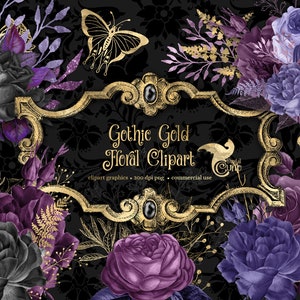 May include: Gothic Gold Floral Clipart digital graphics.  A collection of purple, black, and gold floral elements with butterflies and ornate frames.  Clipart graphics - 300 dpi png - commercial use.