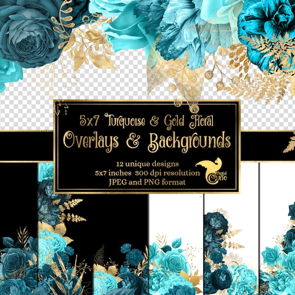 5x7 Turquoise and Gold Floral Overlays for invitations, planners, journal pages, vintage flower clipart, wedding frames, clip art overlays