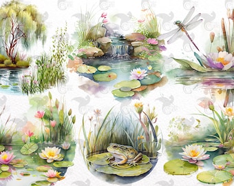 水彩画「蓮池」 水彩画の睡蓮の池のクリップアート – カエルと睡蓮の葉のPNG（デジタル