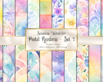 Peut inclure: Un ensemble de 36 motifs numériques sans couture en aquarelle dans des couleurs arc-en-ciel pastel. Les motifs présentent des fleurs, des oiseaux, des étoiles et des motifs géométriques. Les motifs mesurent 3600 x 3600 pixels et sont au format JPEG.