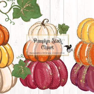 Może przedstawiać: Trzy stosy dyni z błyszczącymi akcentami. Dynie są w odcieniach pomarańczowego, żółtego, czerwonego i białego. Tekst "Pumpkin Stack Clipart" znajduje się w środku obrazu.