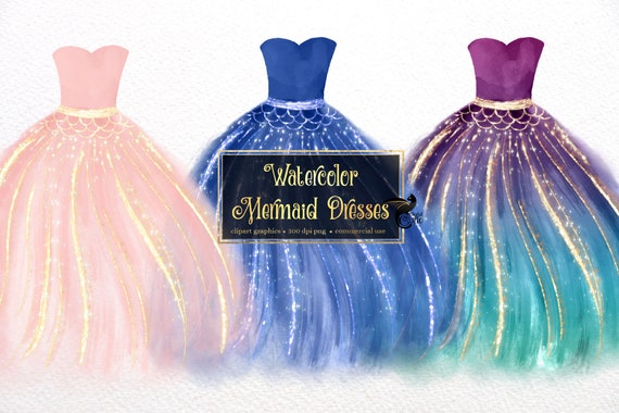 Watercolor Mermaid Dress Clipart Diamond Dresses Watercolour