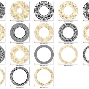 Op de afbeelding: Set van 16 zwarte en gouden ronde frames met Grieks sleutel- en bloemmotief. De frames zijn perfect om een ​​toets van elegantie aan elk project toe te voegen.