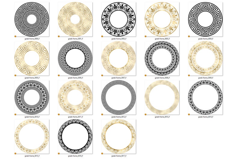 Op de afbeelding: Set van 16 zwarte en gouden ronde frames met Grieks sleutel- en bloemmotief. De frames zijn perfect om een ​​toets van elegantie aan elk project toe te voegen.