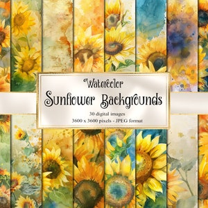 Watercolor Sunflower Backgrounds, watercolour wash digital paper, floral spring garden printable scrapbook paper
