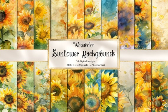 Watercolor Sunflower Backgrounds, watercolour wash digital paper, floral spring garden printable scrapbook paper