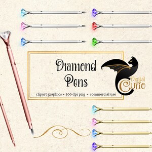 May include: A set of digital clipart graphics featuring diamond-shaped pens in various colors, including gold, silver, pink, blue, green, and red. The pens have a diamond-shaped tip and a long, slender body. The image also includes the text "Diamond Pens" and "clipart graphics - 300 dpi png - commercial use".