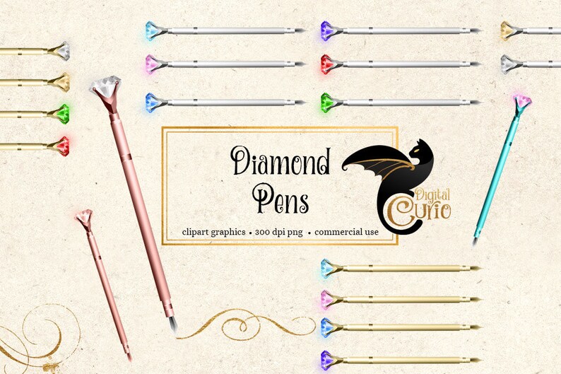 May include: A set of digital clipart graphics featuring diamond-shaped pens in various colors, including gold, silver, pink, blue, green, and red. The pens have a diamond-shaped tip and a long, slender body. The image also includes the text "Diamond Pens" and "clipart graphics - 300 dpi png - commercial use".
