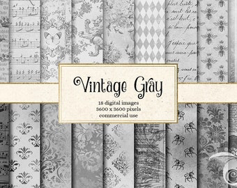 Vintage Gray digital paper, rustic gray textures, distressed antique backgrounds, grey printable scrapbook paper, commercial use