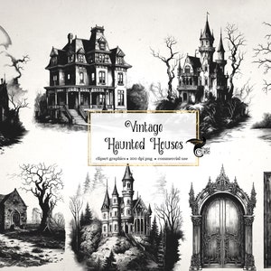 Clipart di case stregate vintage, grafica clip art di Halloween antica casa delle streghe, download istantaneo di effimeri
