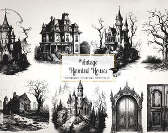 Vintage Haunted Houses Clipart, antique witch house Halloween clip art graphics, ephemera instant download