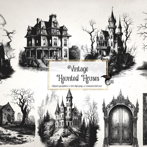 Vintage Haunted Houses Clipart, antique witch house Halloween clip art graphics, ephemera instant download