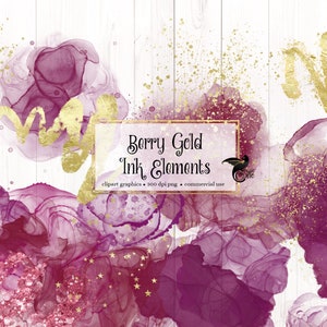 Berry Gold Elements, ink overlays, paint splatter clipart, paint blob clip art, burgundy and gold watercolor elements, png art graphics