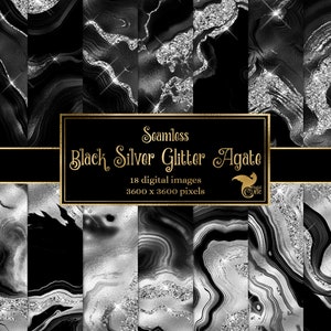 Carta digitale in agata nera con glitter argento, lamina di geode e sfondi senza soluzione di continuità con glitter argento
