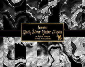 Black Silver Glitter Agate Digital Paper, geode foil and silver glitter seamless backgrounds