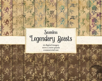 Legendary Beasts Digital Paper, seamless medieval fantasy patterns instant download for commercial use