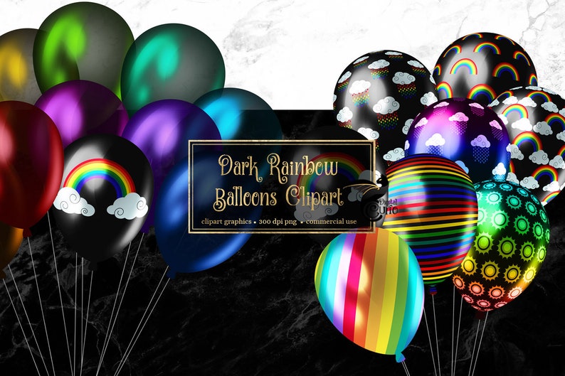 Peut inclure: Un ensemble de clipart num&eacute;rique de ballons arc-en-ciel sombres. Les ballons sont de diff&eacute;rentes couleurs et motifs, notamment noir, violet, bleu, vert et rayures arc-en-ciel. Les ballons ont des motifs diff&eacute;rents, notamment des nuages, des arcs-en-ciel et des soleils &eacute;clatants. Le texte "Dark Rainbow Balloons Clipart" est affich&eacute; dans un cadre dor&eacute;.