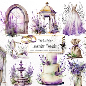 Aquarell Lavendel Hochzeit Clipart - Provence Französische Blumenhochzeit PNG-Format sofortiger Download für kommerzielle Nutzung