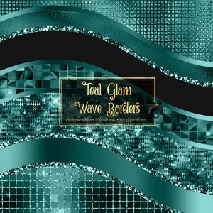 Teal Wave Borders Clipart - seamless glitter and foil metallic luxury glam borders in png format for commercial use