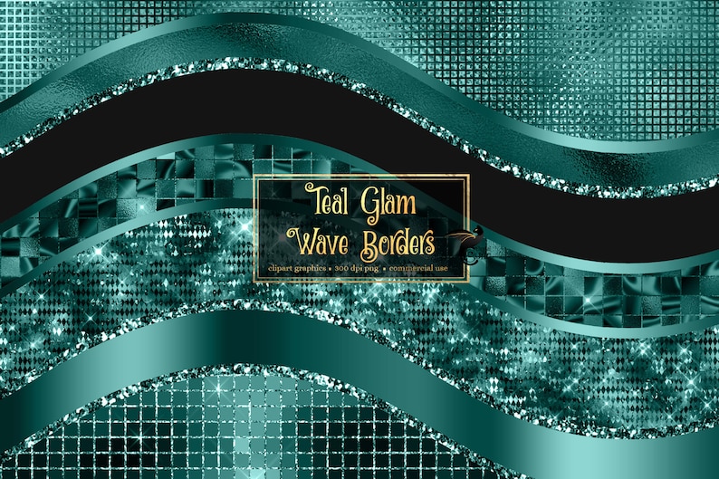 Teal Wave Borders Clipart Seamless Glitter and Foil Metallic Etsy