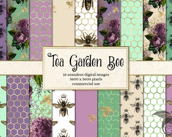Tea Garden Bee Digital Paper, vintage bee clipart, seamless patterns, mint digital paper backgrounds, printable scrapbook paper, crown bee