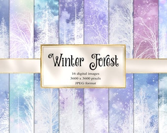 Winter Forest Digital Paper - evergreen woodland snowflake backgrounds instant download for commercial use