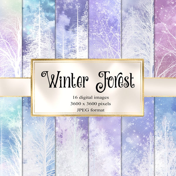 Winter Forest Digital Paper - evergreen woodland snowflake backgrounds instant download for commercial use