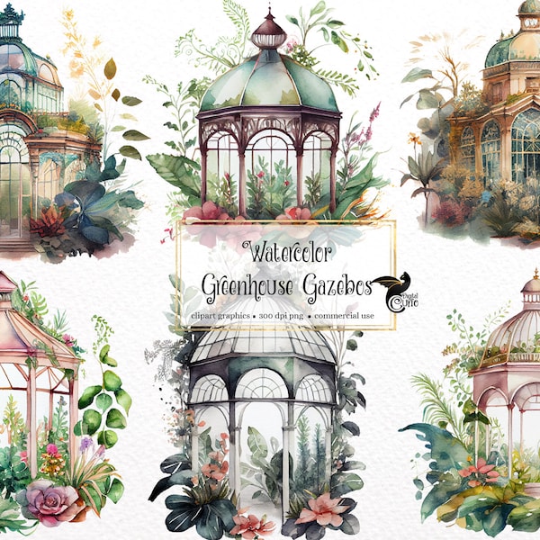 Watercolor Greenhouse Gazebos Clipart - fairy garden pavilion PNG format instant download for commercial use