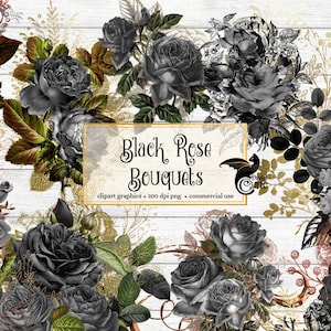 Black Rose Bouquets Floral Clipart, vintage Gothic Halloween dead flowers clip art overlays instant download commercial use graphics