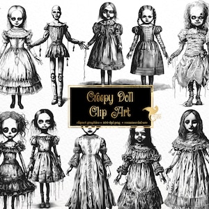 Vintage Creepy Dolls Clipart, graphiques clipart Halloween antiques, téléchargement immédiat éphémères