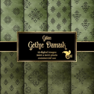 Green Gothic Damask Digital Paper - vintage antique grunge textures with damask patterns instant download commercial use