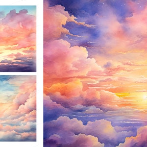 May include: A watercolour painting of a sunset sky with pink, orange and yellow clouds. The sun is setting in the distance, casting a warm glow on the clouds.