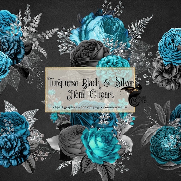 Turquoise Black and Silver Floral Clipart, teal flower bouquets black and silver glitter wedding flowers instant download commercial use