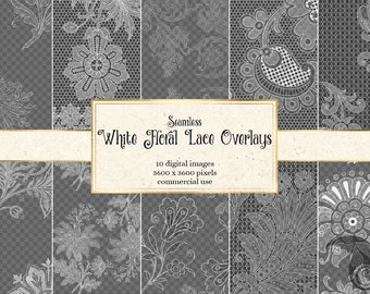 White Floral Lace Overlays, Shabby Chic Patterns (Digital Download)
