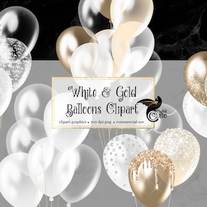 Clipart de ballons blancs et or, paillettes d'or et clipart de fête de confettis de feuille pour les mariages Téléchargement instantané au format PNG pour un usage commercial