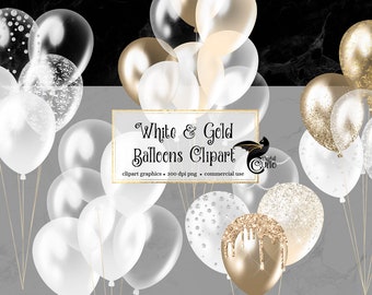 Gold and White Balloons Clipart, Confetti Party PNG (Digital Download)